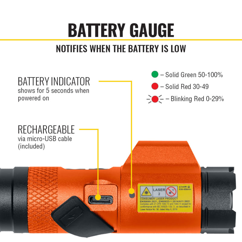 KLEIN TOOLS 56040 Magnetic LED Flashlight, 350 Lumen Rechargeable Flashlight, Twist Focus, Laser Pointer, Hands-Free, USB Charging Cable, for Work and Outdoor