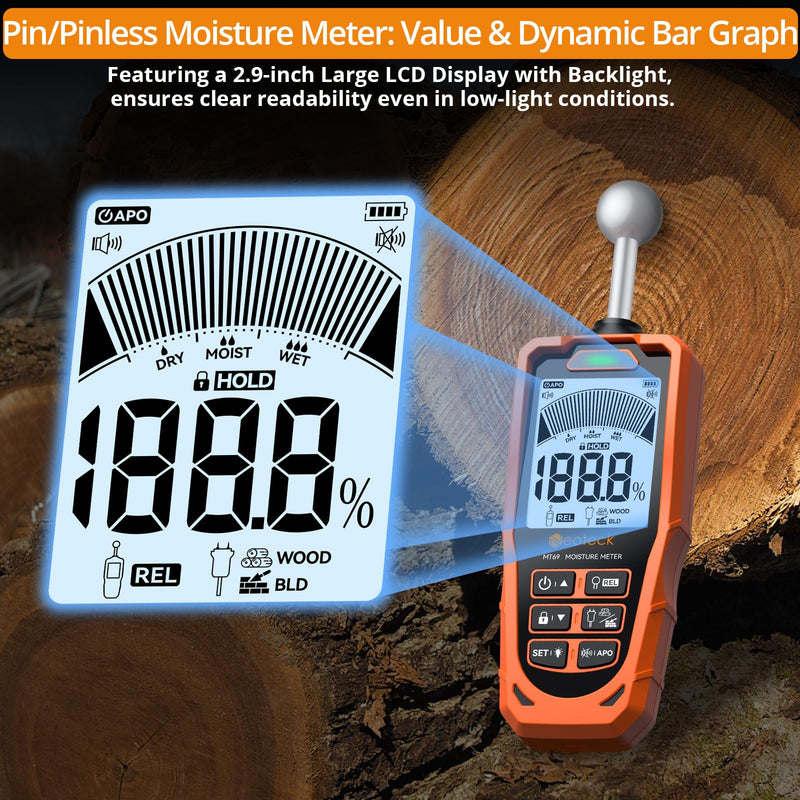 Neoteck 2-in-1 Dual Probe Moisture Meter 40mm Spherical Moisture Reader & ±2.5% Accuracy Pin Moisture Meter with LCD Display and Audio Alarm for Wood Wall Concrete Drywall Firewood Lumber
