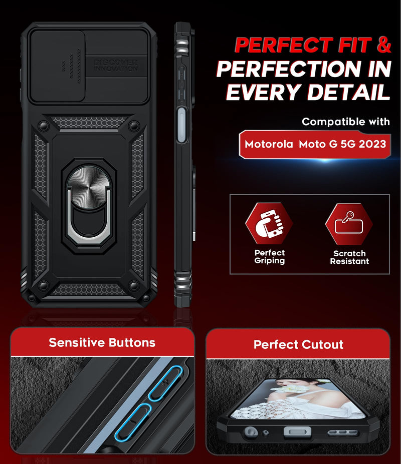 LeYi for Motorola Moto G 5G 2023 Case: with Slide Camera Cover, Black | Screen Protector, Heavy Duty Shockproof Rugged Android Cell Phone Cover with Magnetic Ring Kickstand Funda para Moto G5g 2023 TC Black G 5G 2023 6.5inch