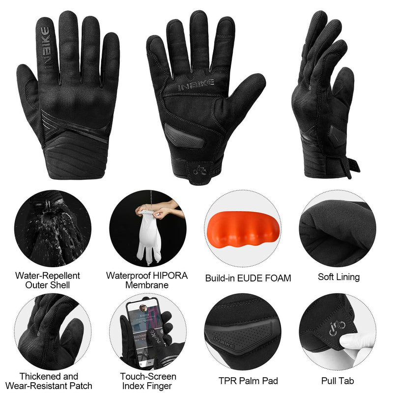 INBIKE Waterproof Winter Motorcycle Gloves Thermal Fleece Touchscreen with TPR Palm Pad Cushioning Hard Knuckle Black Large