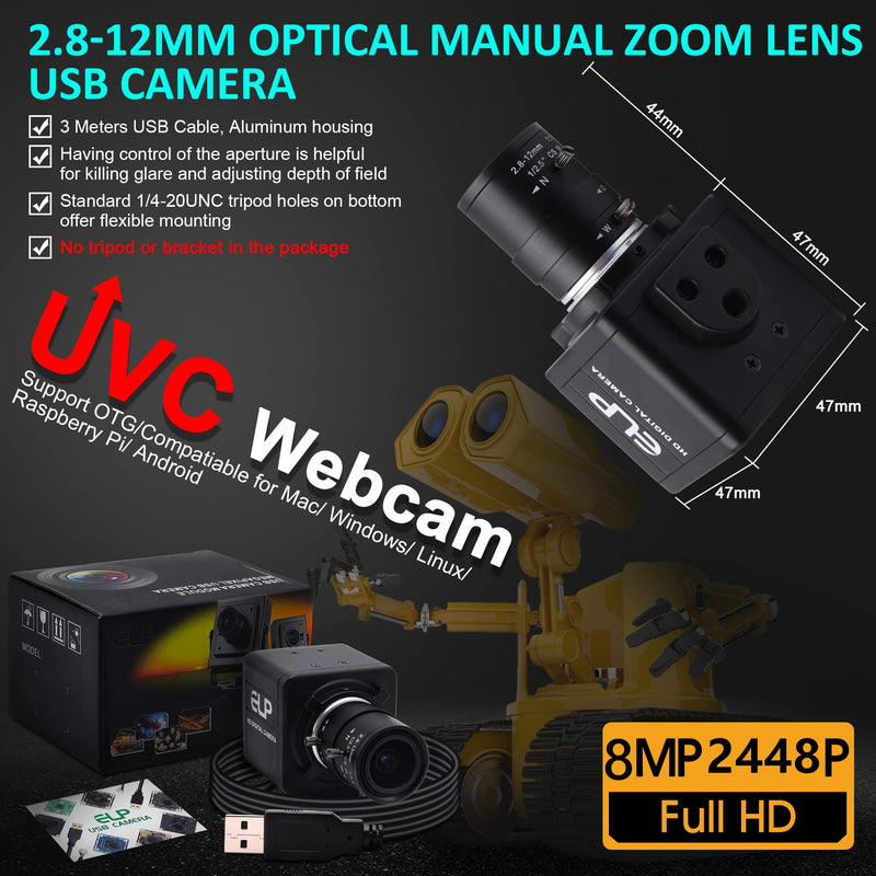 USB Camera 8MP 5X Optical Zoom Webcam 2.8-12mm Manual Varifocal Lens,USB Webcam with CMOS IMX179 Image Sensor Video Conference Web Cameras for Computer,Laptop, Raspberry Pi,Jetson Nano 2.8-12mm Varifocal Lens