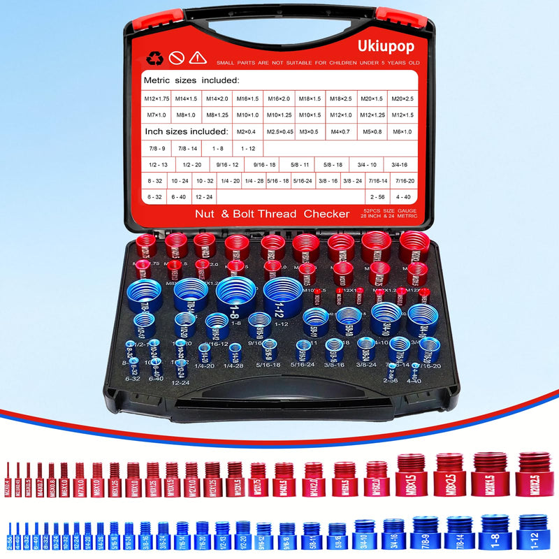 52PCS Thread Checker Kit – SAE & Metric Bolt Thread Checker, Nut & Bolt Size Finder Tool (28 SAE + 24 Metric) – Thread Gauge for Quickly Identifying Screw, Nut, and Bolt Sizes 52