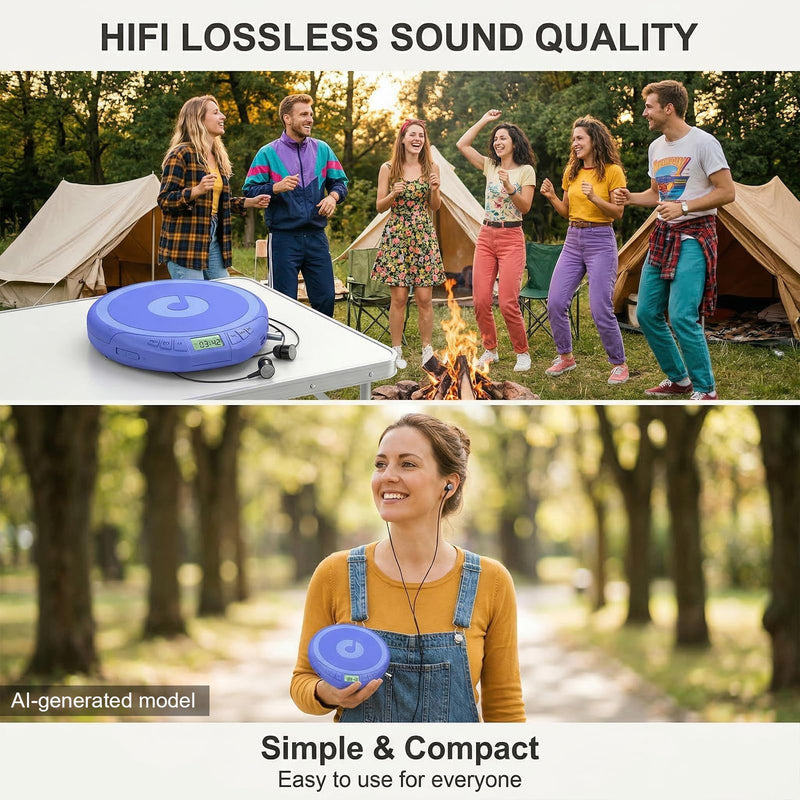 Portable CD Player with Earphones,Personal CD Discman Player | for Home Car with Anti-Skip Shockproof Protection, Small CD Player with LCD Display for Music Lovers Blue