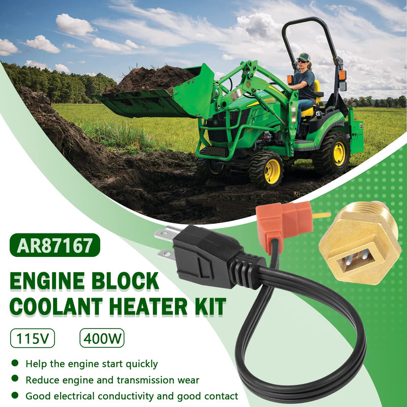 AR87167 Engine Block Coolant Heater Kit with AR8767 Heater Element & AR87168 Power Cord, for John Deere 1025R 110 2210 2305 4210 445 X495 XUV Gator 850D 855D 855M 865E Tractors
