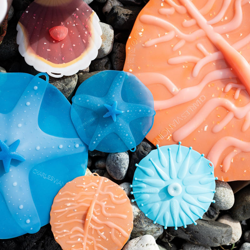 Charles Viancin - Coastal Silicone Lid for Food Storage - Costal Drink Covers - Set of 4 - One of Each - Creates an Airtight Seal on Any Smooth Rim Surface Set of 4 Drink Covers