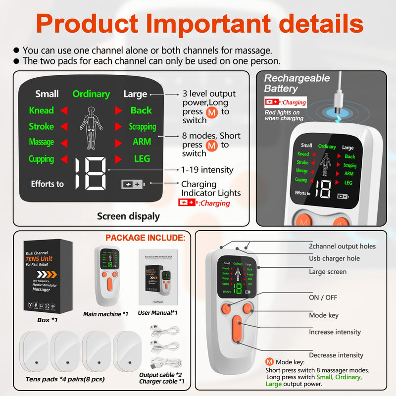TENS Unit EMS Muscle Stimulator, Dual Channel Muscle Stimulator Machine for Back Neck Shoulder Pain Relief, Low-Frequency Multi-Function Physiotherapy Instrument Large Screen Electric Pulse Massager