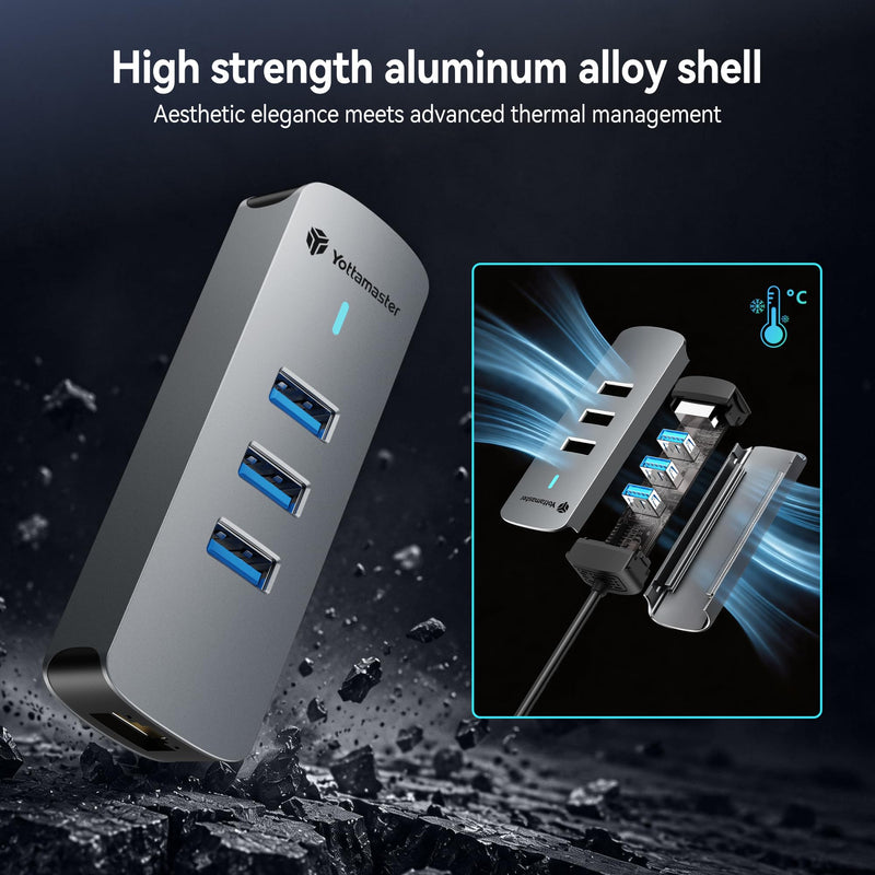 Yottamaster 4-in-1 USB 3.0 Hub with 1 Gigabit Ethernet – 3X USB-A 3.0 Ports, Aluminum LAN Converter, Support Windows 10,8.1,Mac OS, Surface Pro,Linux,Chromebook and More