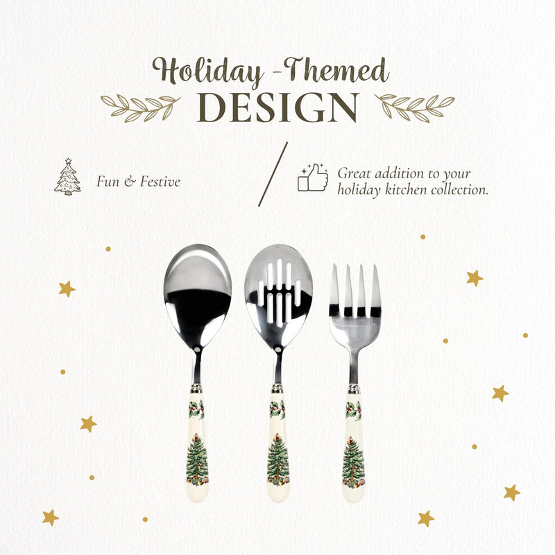 Spode Christmas Tree 3-Piece Stainless Steel Cutlery Set - Porcelain Handle Flatware with Meat Fork, Serving Spoon, & Slotted Spoon - Holiday Silverware for Christmas Dinners & Seasonal Gatherings