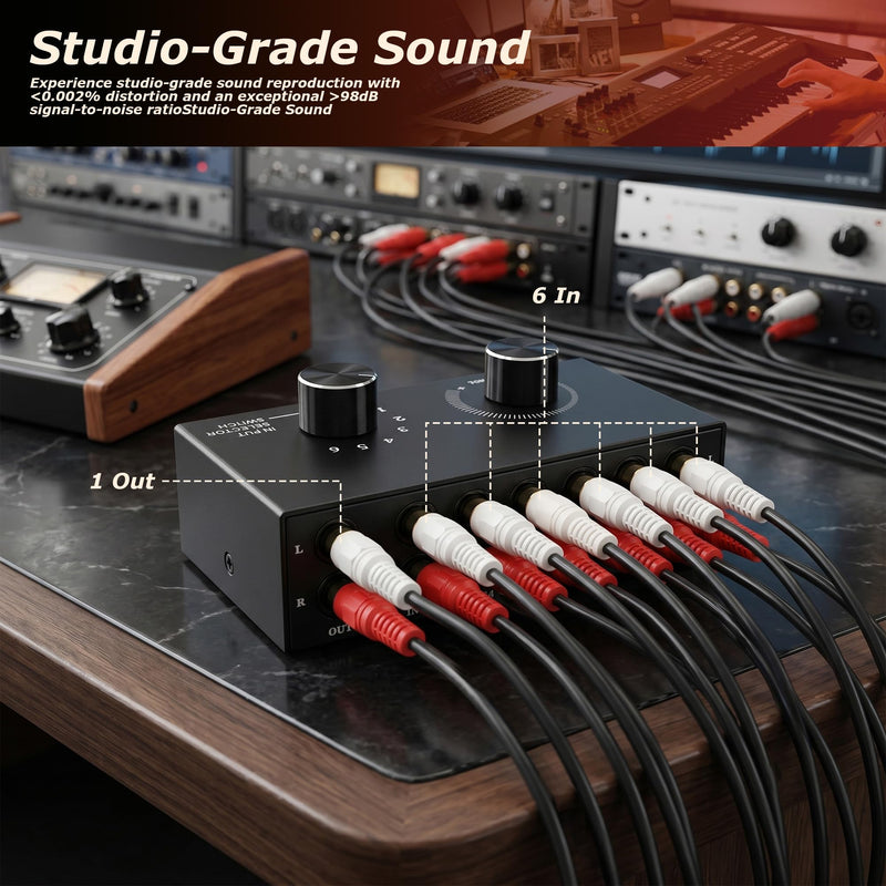 RCA Audio Switcher, 6 in 1 Out Audio Selector, 6 Channel Passive Stereo Selector Box, Metal Case, Plug-and-Play, Volume Control for Hi-Fi Systems
