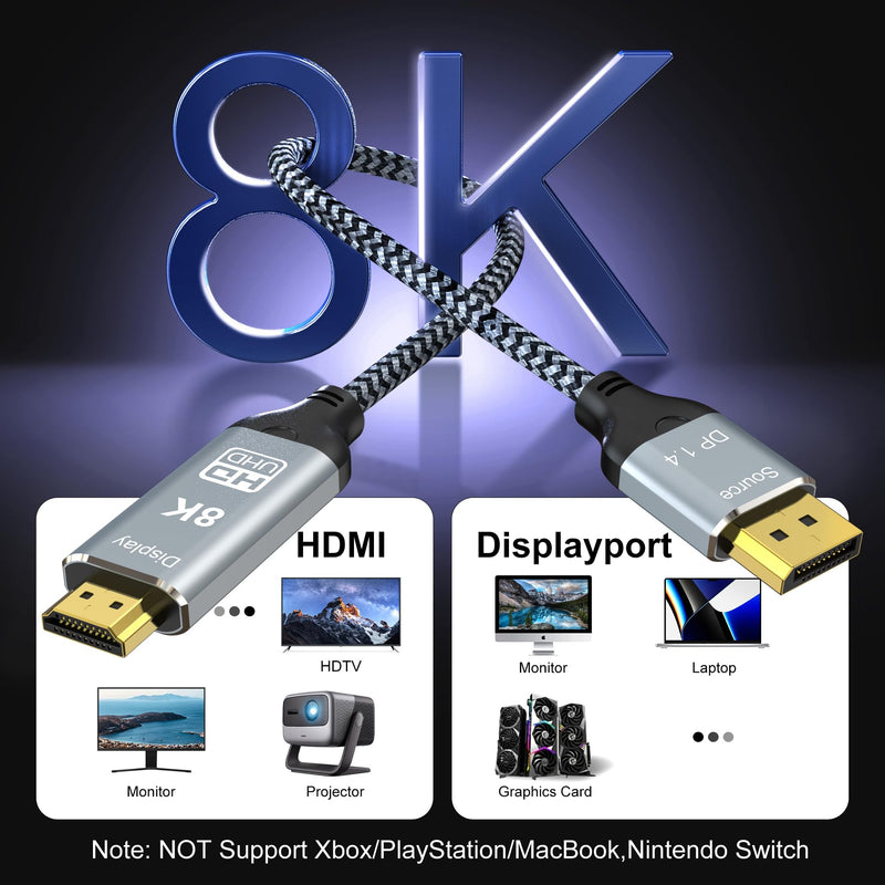 DisplayPort to HDMI 2.1 Cable 10FT 8K@60Hz 4K@120Hz Uni-Directional DP (Source) to HDMI (Display) Braided Cord Supports HDCP 2.3 HDR10 Display Port for AMD,NVIDIA,and PC 10 Feet