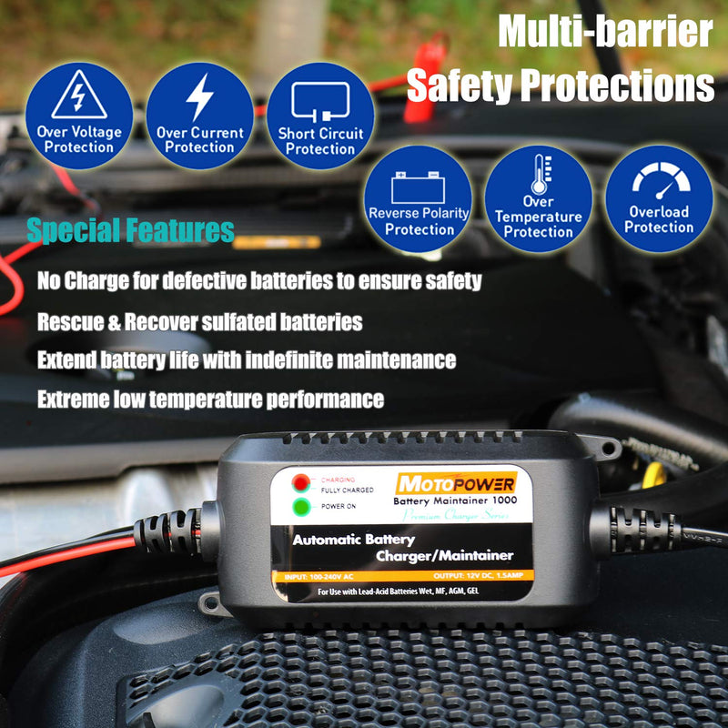 MOTOPOWER MP00206A 12V 1.5Amp Automatic Battery Charger, Battery Maintainer for Cars, Motorcycles, ATVs, RVs, Powersports, Boat and More. Smart, Compact and Eco Friendly