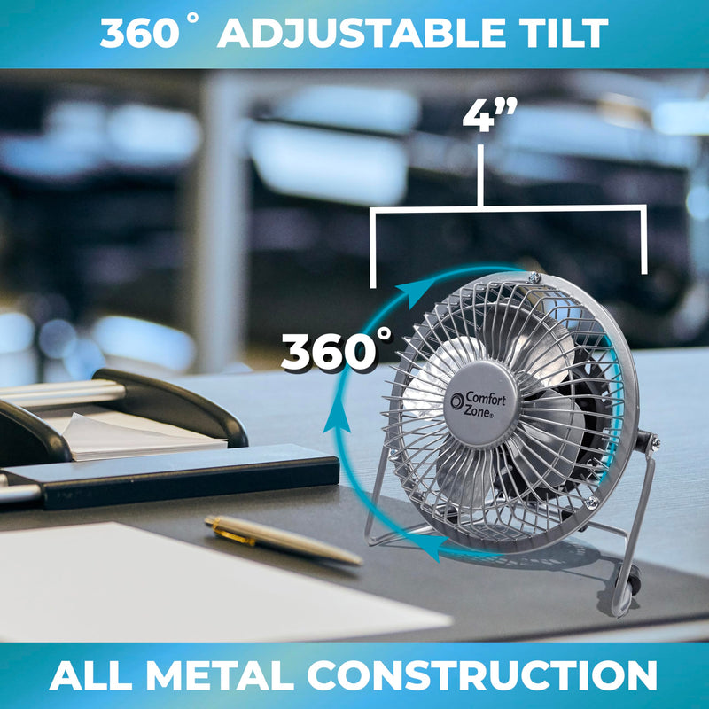  [AUSTRALIA] - Comfort Zone Mini Portable Desk Fan with 360-Degree Adjustable Tilt, Dual Powered (USB or Power Cord), 4 inch, All-Metal Construction, Airflow 3.31 ft/sec, Ideal for Home, Bedroom & Office, CZHV4S Silver