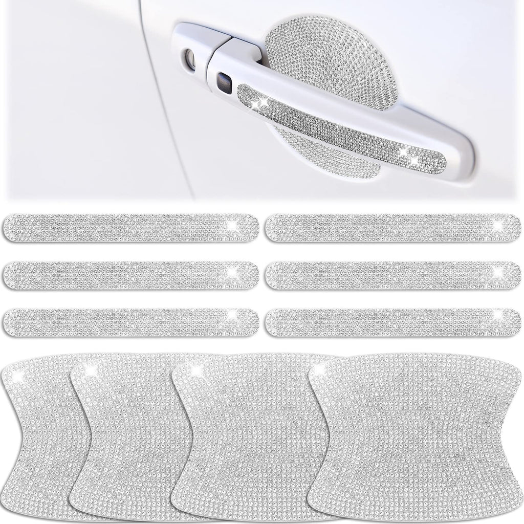 Frienda 10 Pieces Bling Car Accessories for Women Bling Car Door Handle Protector Door Handle Covers for Car Rhinestone Car Bowl Protector Accessories Women Stickers(Silver) Silver