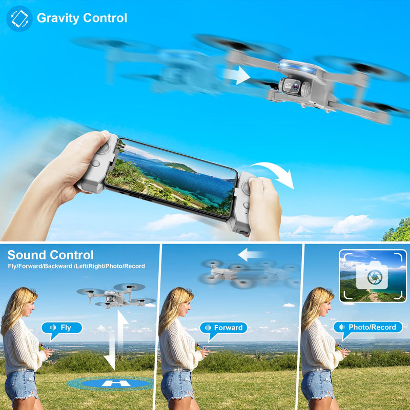 Drone with 1080P Camera - Foldable Remote Control Quadcopter with Voice Gesture Control, 3D Flip, One Key Start, Emergency Stop, 2 Batteries, Easier to use, Toy for Adults Beginners, Grey