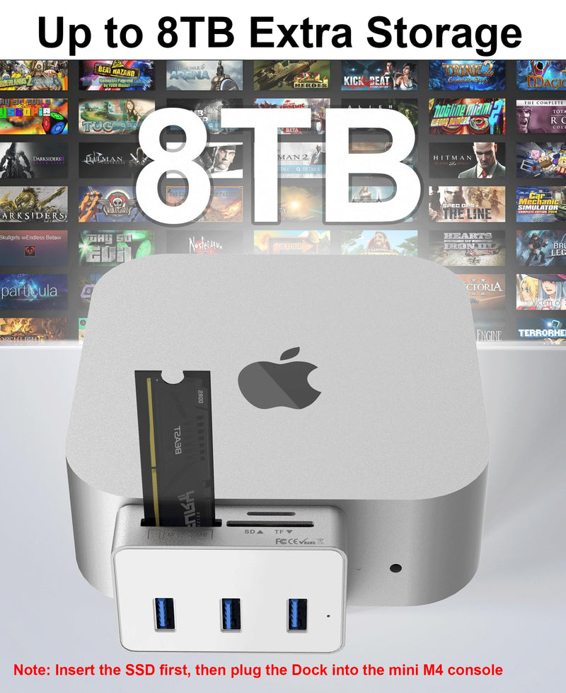 Mac mini M4 Dock with NVMe SSD Enclosure - Aluminum 6-in-1 Hub for Mac mini M4/M4 Pro 2024 with M.2 NVMe SSD Slot, 3X USB 3.0 Ports, SD & MicroSD Card Readers, 10Gbps Data Transfer in Silver