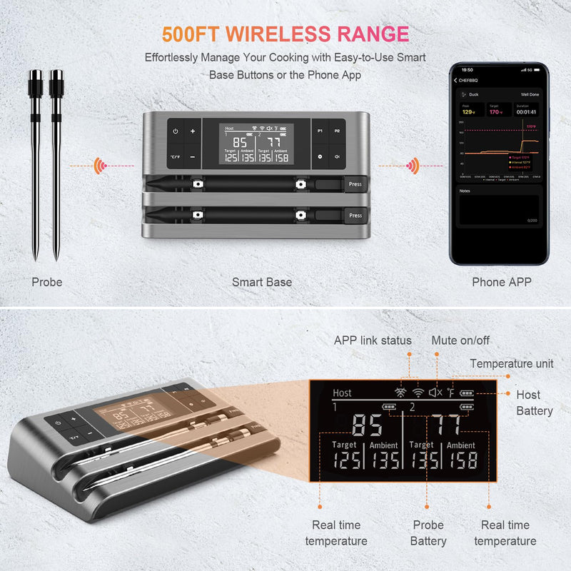 Wireless Smart Meat Thermometer with Dual-Sensor Probe, 500FT Remote Monitoring, Dedicated App, Real-Time Ambient and Food Temperature Tracking for Precise Cooking Control Dual Probe Grey-Dual Probe