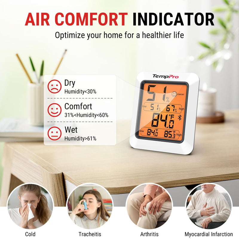 TempPro Hygrometer Thermometer for House, Bluetooth Room Indoor Greenhouse Thermometer Monitor Up to 260FT, Backlit Humidity Meter Temperature Sensor with 2-Year Data Export,2 PS(Previously ThermoPro)