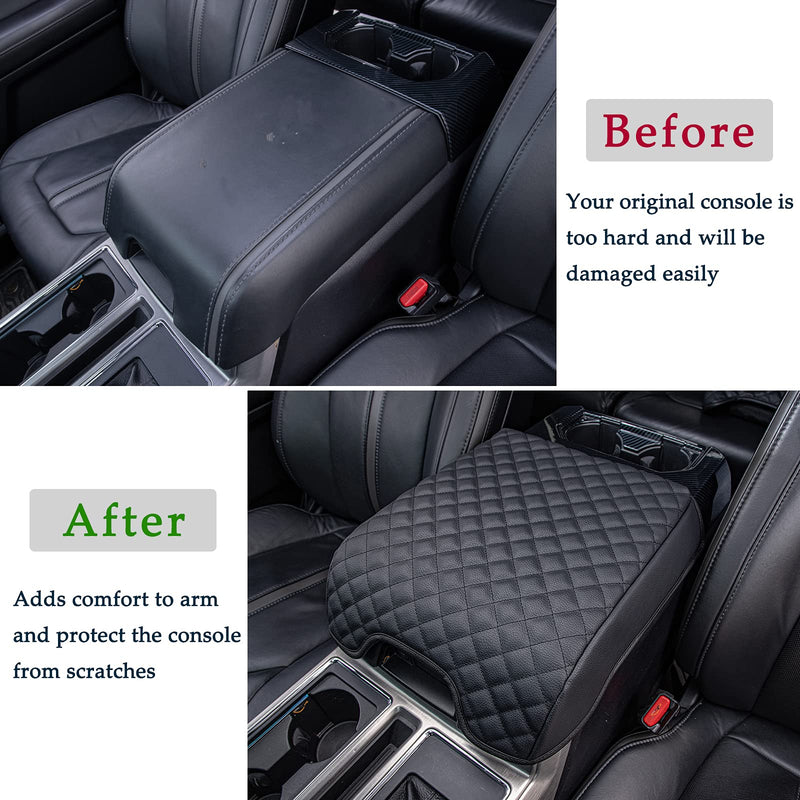 JDMCAR Center Console Cushion Compatible with 2015-2020 Ford F150 / 2017-2022 F250 F350 F450 and 2018-2024 Expedition Accessories, Customized PU Leather Armrest Cover Protector (Bucket Seat Only) Black-Pu Leather Bucket Seat