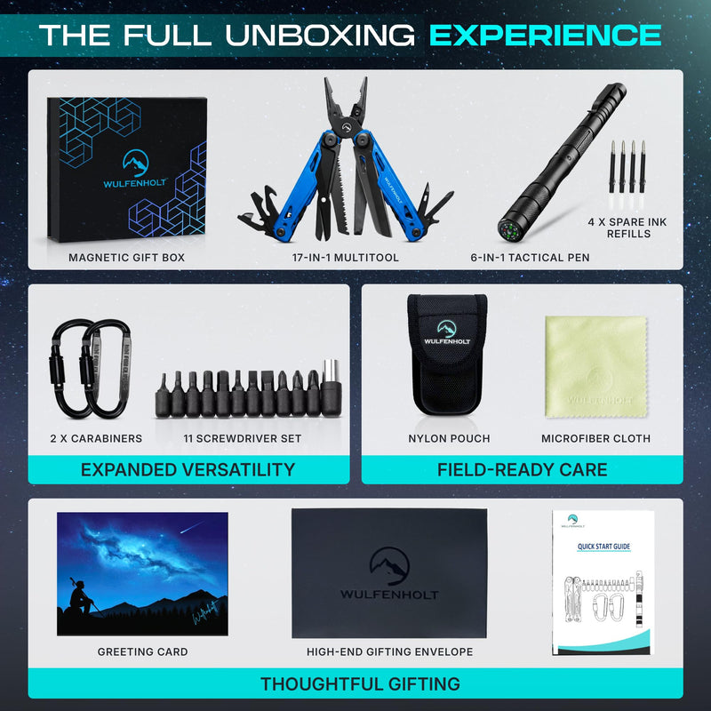 17-in-1 Multitool Pliers with Large Scissors | 6-in-1 Tactical Pen & Carabiners | Gifts for Men, Dad, Husband | EDC Survival Gear | Includes Magnetic Box, Nylon Sheath & Greeting Card