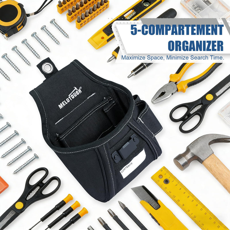 MELOTOUGH Nail and Screw Organizer Bag for Electricians and Carpenters, Tool Belt Pouch with Belt Clip, Heavy Duty Work Fastener Pouch Black