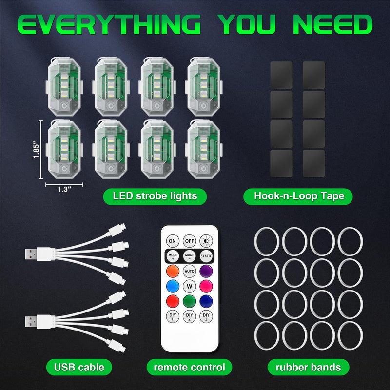 Wireless RGB LED Aircraft Strobe Lights with Remote Control, 8 Colors 10 Flash Modes DIY Mode Anti-Collision Lights Waterproof Emergency Warning Light for Drone Car Motorcycle Bike 8 Pcs