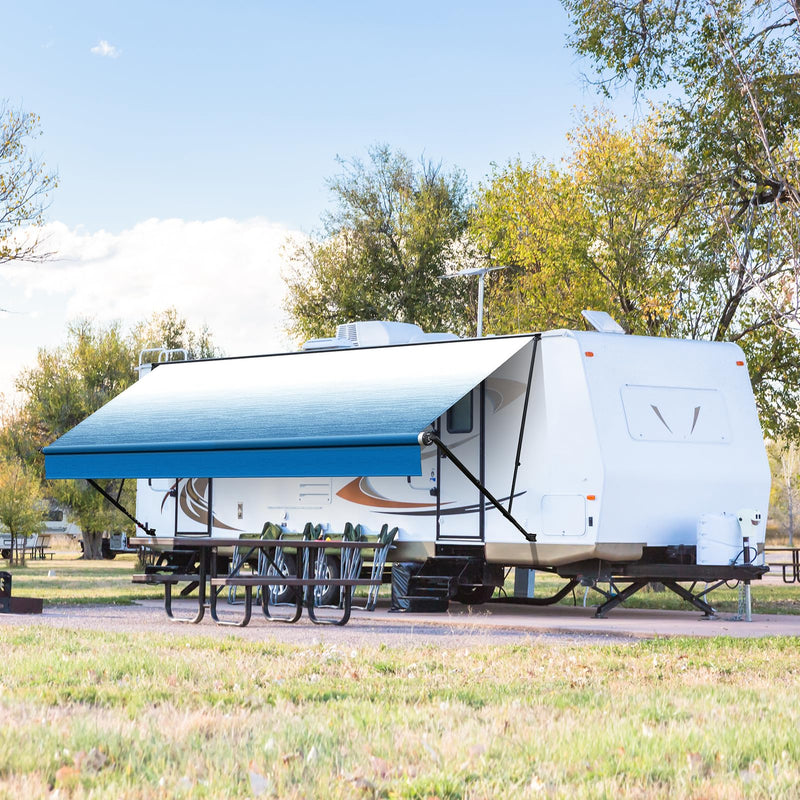 Kohree 18' Rv Awning Fabric Replacement, Camper Trailer Awning Replacement 19oz Weatherproof Heavy Duty Anti-Fading with Pull Strap, Outdoor Canopy for Motorhome, Blue Fade, (Fabric 17'2") 18' (Fabric 17'2")