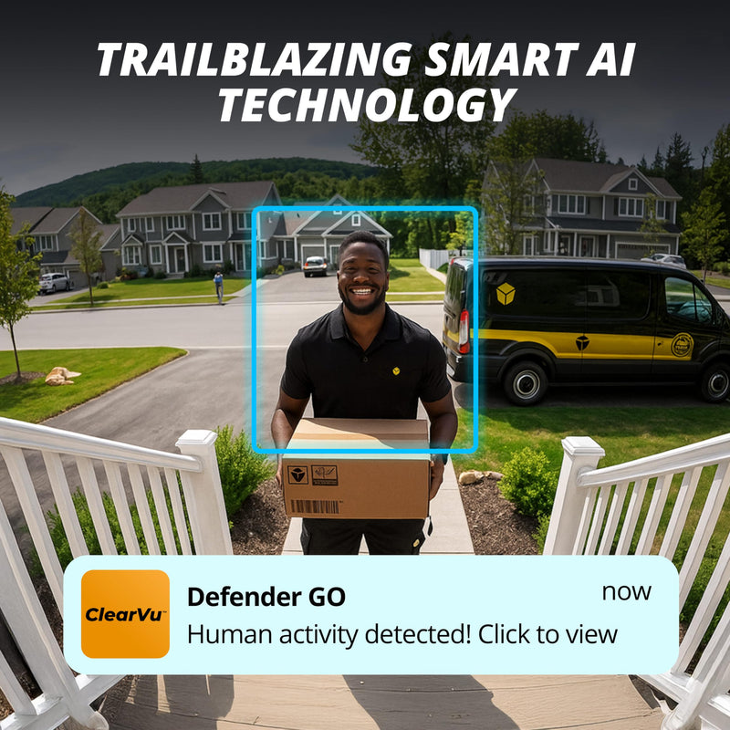 Defender GO 2K AI Powered Plug-in Indoor/Outdoor Home Business, Pet, Baby Camera, AI Detection, Dual Band Connection, Spotlight/Siren, Color Night Vision, 2-Way Talk, Works w/ClearVu App, 2 Pack 2 Cameras
