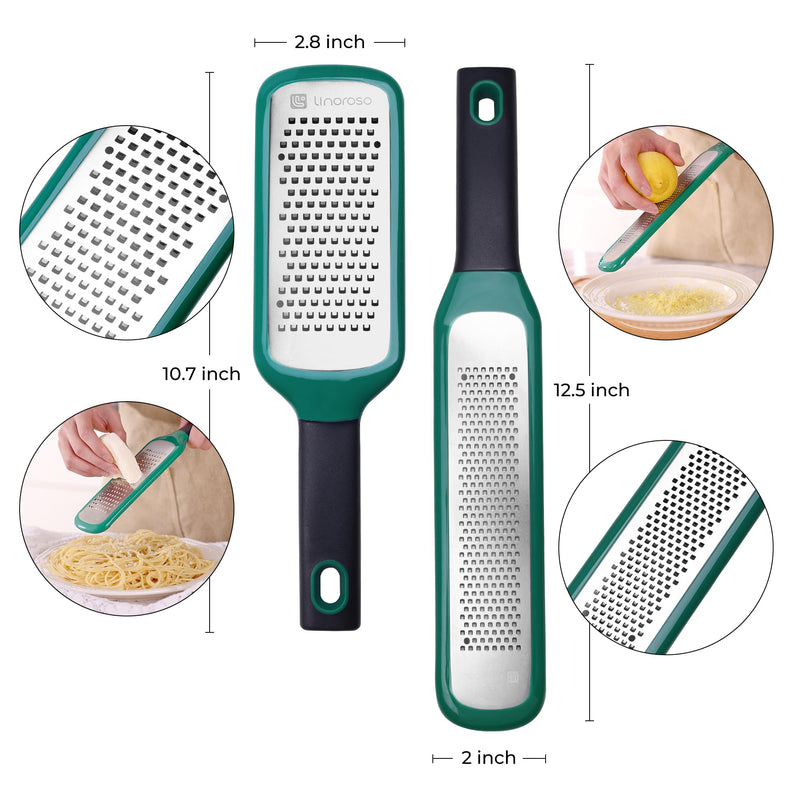 linoroso Lemon Zester & Cheese Grater Set of 2 - Kitchen Handheld Grater Tool for Cheese, Garlic, Ginger, Nutmeg, Chocolate, Fruits - Razor Sharp Stainless Steel Blade with Protective Cover
