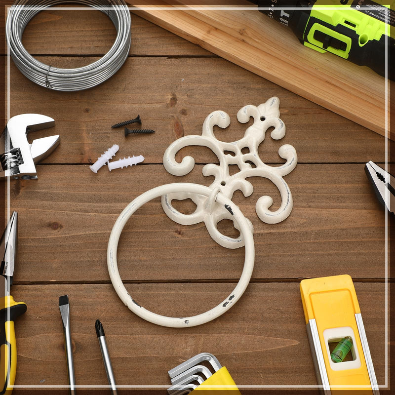 1 Pcs White Vintage Cast Iron Solid Towel Ring Fleur De Lis Design Antique Towel Holder for Bathroom Kitchen Accessories Wall Mounted Christmas Party Gifts 8.5 x 4.7 Inches 1