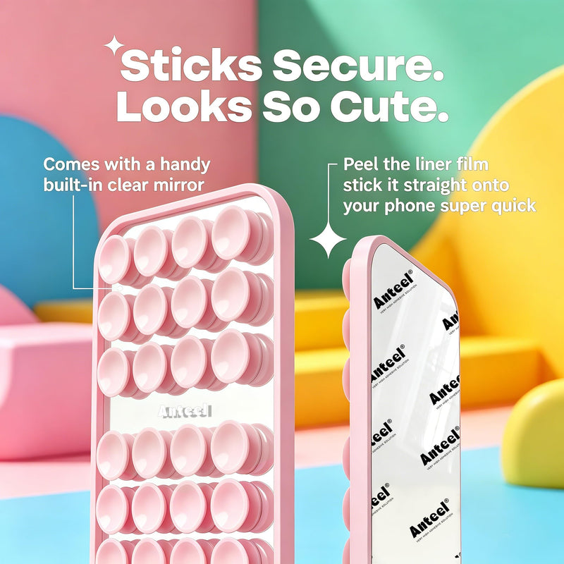 Anteel Mirror - OG Silicone Suction Cup Phone Adhesive Mount with Built-in Mirror - Hands-Free Sticky Phone Holder - Strong Suction Grip for Selfies and Videos - 2.4" x 3.8" (ChalkPink) ChalkPink