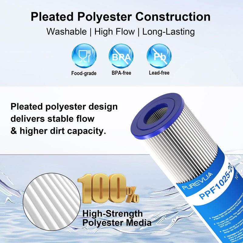 6-Pack 20 Micron Pleated Water Filter Cartridge, 10" x 2.5" Washable & Reusable PET Sediment Filter for Well Water & Whole House Pre-Filter, Compatible with WFPFC3002, WHKF-WHPL, AO-WH-PRE-RP2 6 Count (Pack of 1)