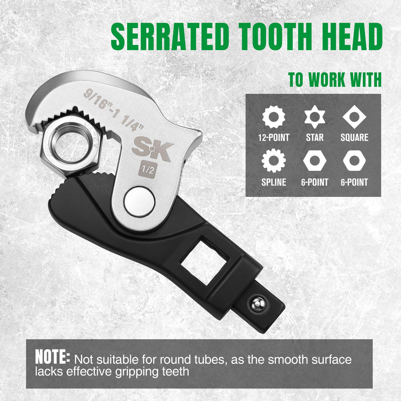 SK 3-Piece Adjustable Crowfoot Wrench Set, 1/4" & 3/8" & 1/2" Drive, Dual-Drive Ends Design, Spring Loaded Jaw with Serrated Teeth, 3/16" to 1-1/4", Premium CR-V Construction