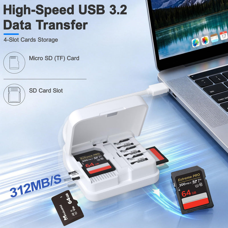 UHS-II Micro SD 4.0 Card Reader USB C SD Card Reader 2 in 1 SD & TF Adapter | 4-Slot Cards Storage, Dual-Slot Transfer, USB 3.2 Fast File Transfers, SIM Card Pin Storage, Plug & Play Convenienc