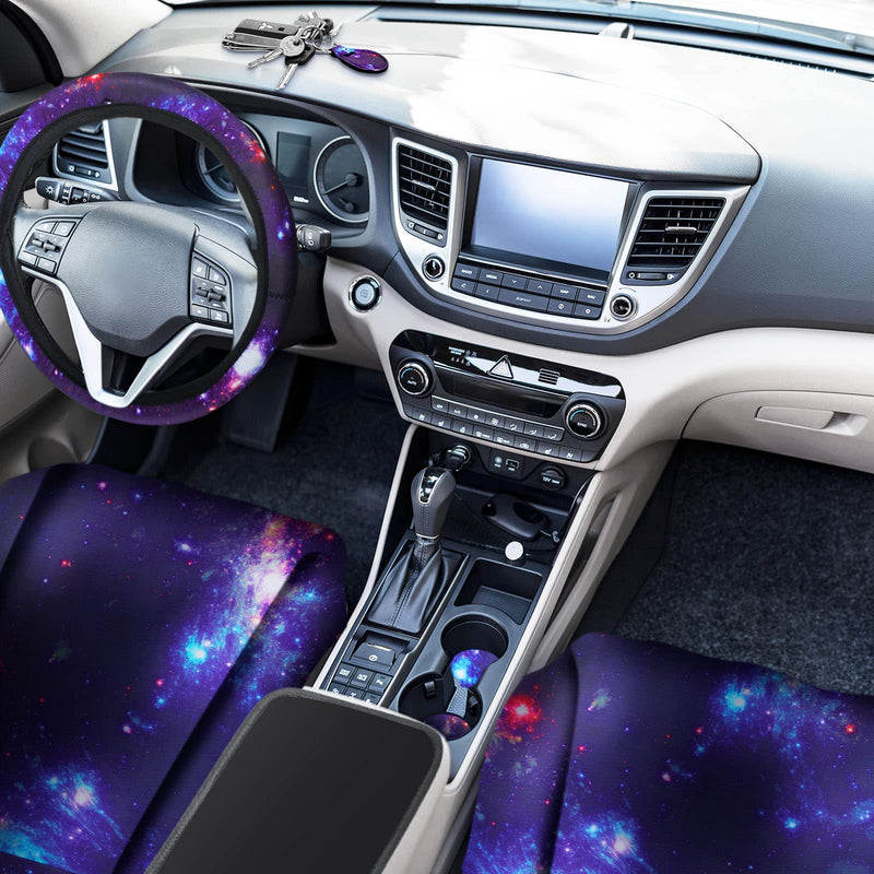 10 Pcs Galaxy Car Seat Covers Set Car Steering Wheel Cover Front Seat Covers Cup Holder Keyring Armrest Pad Seat Belt Pads Wrist Strap Print Car Decor Accessories for Vehicle Car (Starry Sky Style)