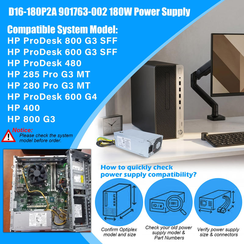 Upgraded D16-180P2A L08261-002 180W Power Supply Compatible with HP ProDesk 800 G3 600 G3 SFF L08261-001 901763-002 901765-003 901761-003 901764-003 901763-001 901762-002 901771-004 180W PSU