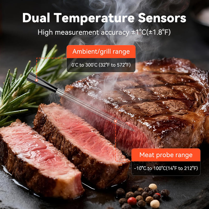 TechRise Bluetooth Wireless Meat Thermometer with APP, Wireless BBQ Grill Thermometer for Oven,Smoker,Air Fryer,Kitchen Cooking,Instant Read Digital Probe with Alarm, Long Range,Rechargeable,Black Black