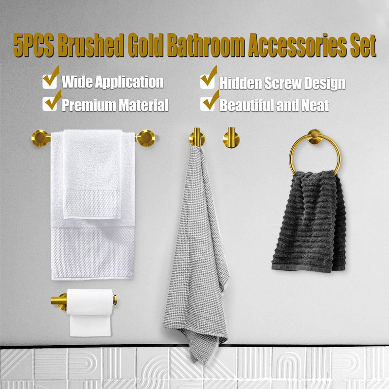 5PCS Brushed Gold Bathroom Accessories Set, Bathroom Hardware Set, Splicing 24 Inch Stainless Steel Bath Towel Bar Set, Gold Bathroom Accessories Wall Mounted