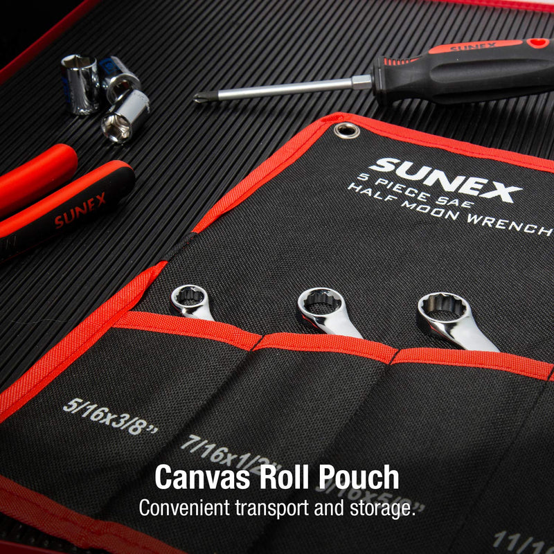 Sunex Tools 9935 SAE Half Moon Wrench Set, 5/16"x3/8" - 13/16"x7/8", Fully Polished, 5-Piece (Includes Roll-Case)