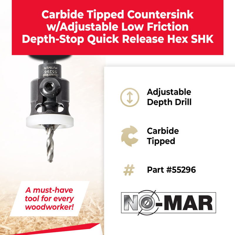 Amana Tool 82 Degree Countersink with Adjustable Low Friction Drill Bit Depth Stop, 55296, 3/8 D x 5/32 Drill D x 1/4 Inch Quick Release Hex Shank