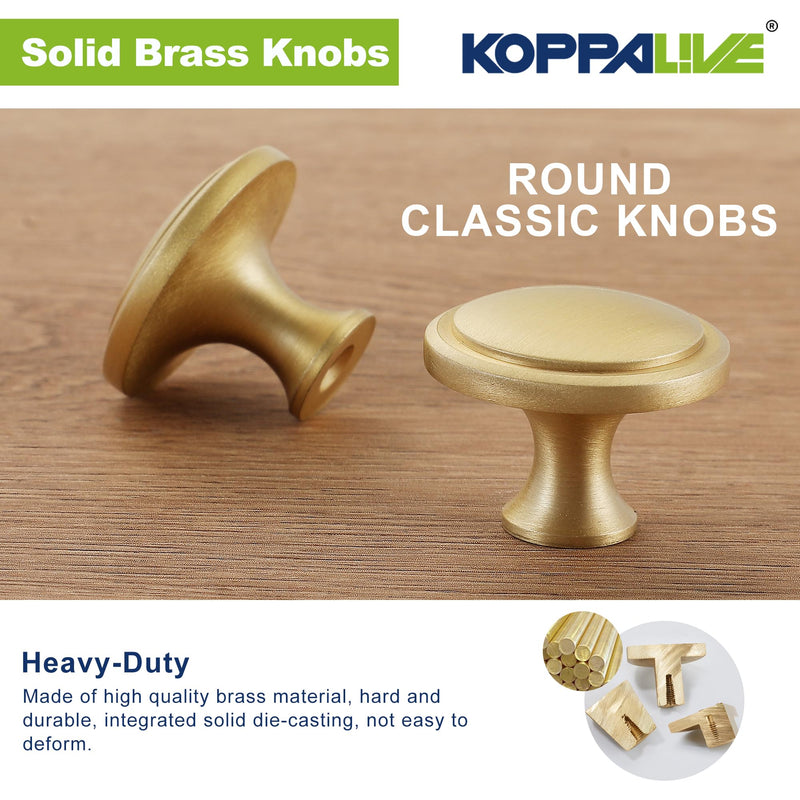 10-Pack Solid Brass Cabinet Knobs, Round Gold Knobs for Dresser Drawers, Brushed Brass Dresser Drawer Pulls Handles, Hardware for Kitchen Cabinets, Diameter 1-1/4 Inch 10