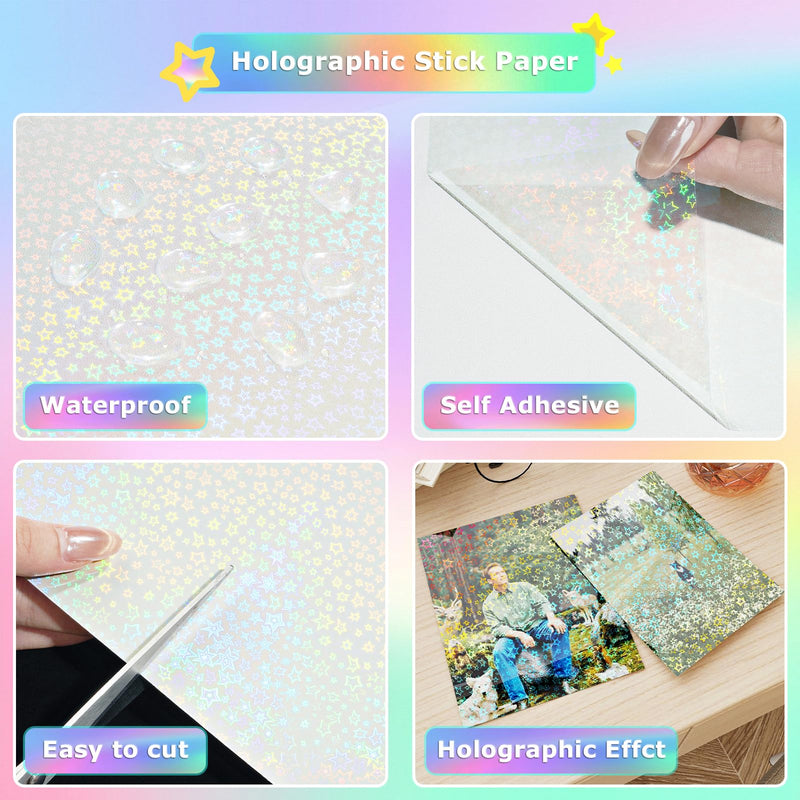 Stars Holographic Sticker Paper 12"x200" Vinyl Laminating Film Decorative Holographic Clear Contact Paper for Labels Self Adhesive Glitter Holo Overlay Laminate Roll for Windows Party Crafts Stars Holographic 12" x 200"
