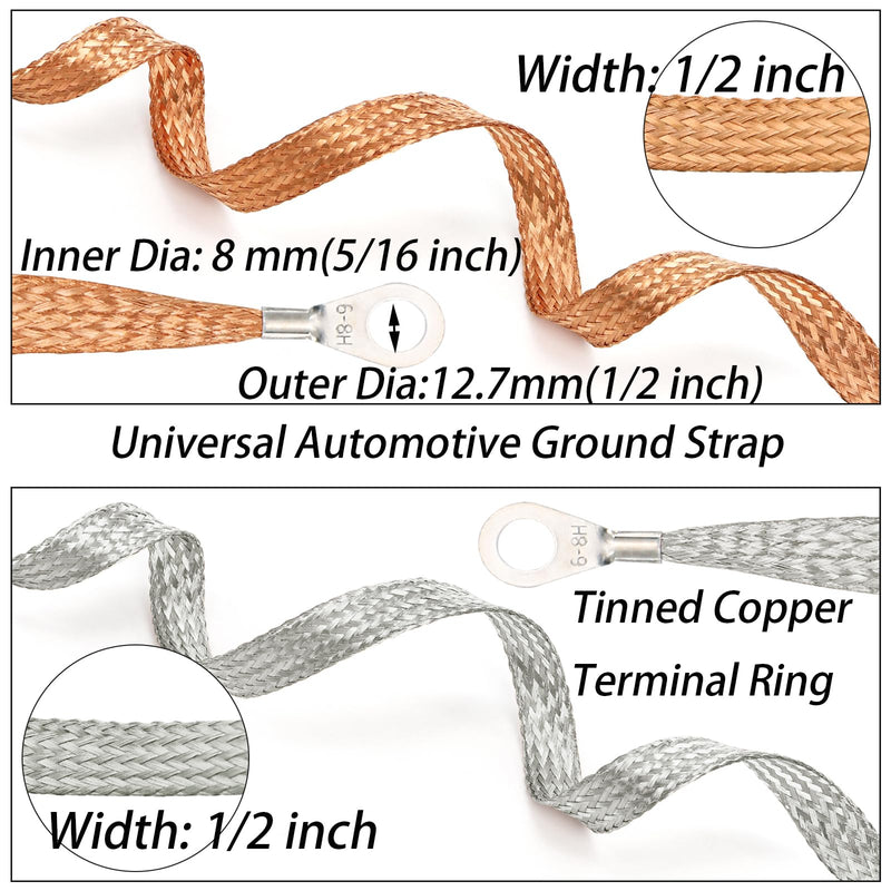 TOPZEA 12 Pcs Universal Automotive Ground Strap, 10/15/20 Inch Braided Copper & Tinned Copper Engine Ground Strap Kit, Automotive Grounding Cable Straps with Terminal Rings for Most Car, Truck, RV