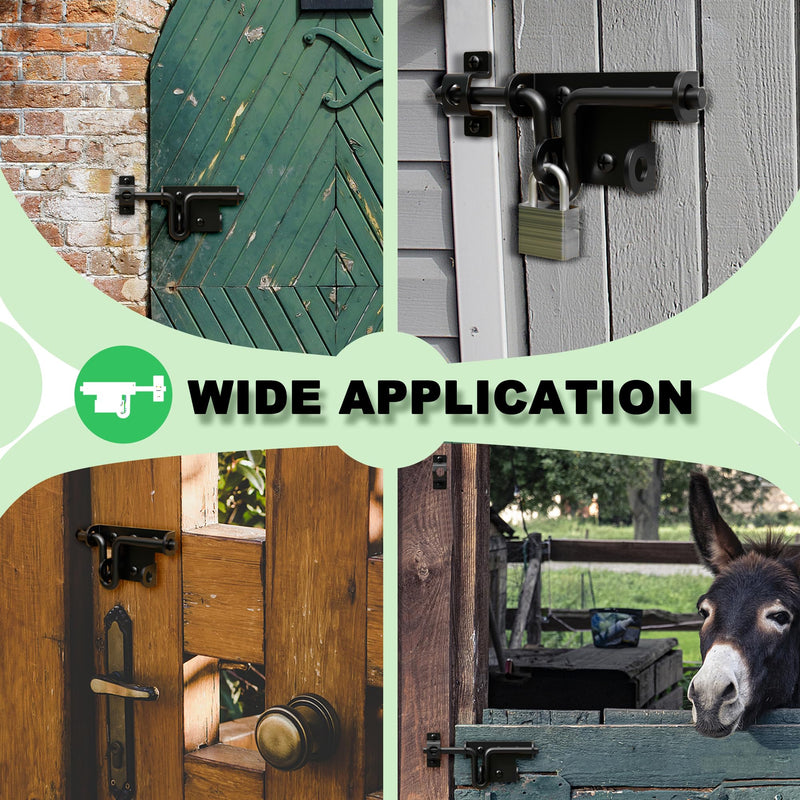 Heavy Duty Slide Bolt Gate Latch for Wooden Fence, 2 Way Barn Door Latch with Padlock Hole, Offset and Flush Mounted Gate Latch for Outdoor Gates/Yard Fence/Shed Door, Black, 3 Pack