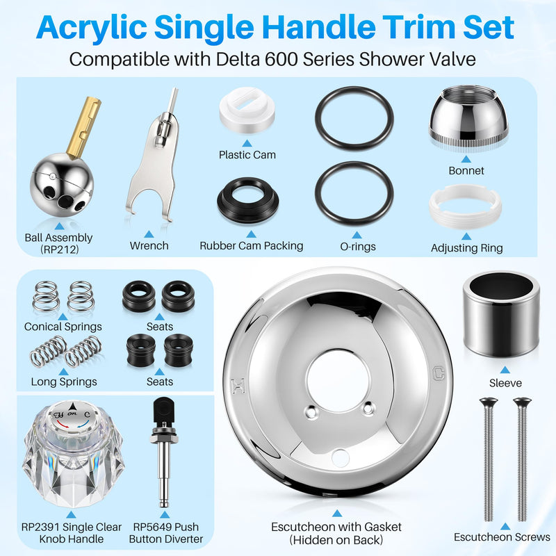 Shower Handle Renovation Repair Trim Kit Compatible with Delta RP6046, Single Handle Trim Kit Compatible with Delta 600 Series Shower Valve(Knob,Chrome) Chrome Knob