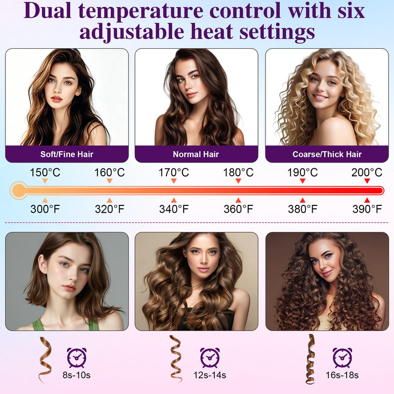 Automatic Hair Curler, dual-temperature display (°C and °F), Curling iron with 6 Temperature Settings,equipped with a 5200mAh battery with left-right rotation function,suitable for home and travel use