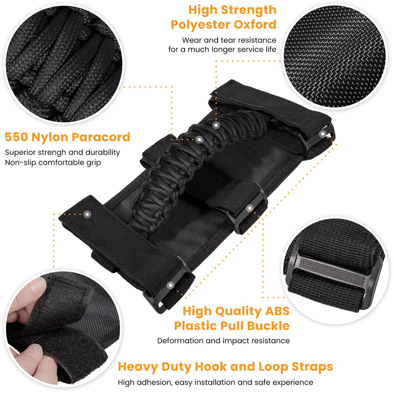 4 x Roll Bar Grab Handles Grip Handle for Jeep Wrangler JK JKU JL JLU TJ YJ Sports Sahara Freedom Rubicon Unlimited Gladiator JT 1955-2023 UTV ATV Premium 550 Paracord Interior Accessories (Black) Standard 4-Pack Black