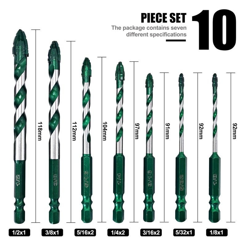 FEWELL Serrated Eccentric Masonry Drill Bit 10pcs, Tile Drill Bit 1/8”-1/2” | Four-Edge Serrated Concrete Drill Bit for Concrete Glass Brick Cement Tile Marble Wood