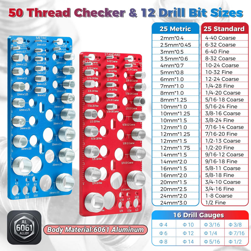 62-Piece Nut and Bolt Thread Checker - 25 Inch & 25 Metric Thread Gauges + 12 Drill Bit Sizers, Heavy-Duty Aluminum & Steel Bolt Size Finder, High-Precision Screw Identifier Tool (Red & Blue)