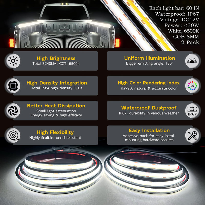 LED Truck Bed Lights, 60 Inches, 2 Pack, COB 1584 LEDs, White 6500K,12V, 30W, IP67, with Switch, 5A Fuse Holder, Easy Install, Ideal for Truck Cargo Lighting, Pickup Truck SUV RV Boat COB-8MM-1584-DC5521(2PCS)