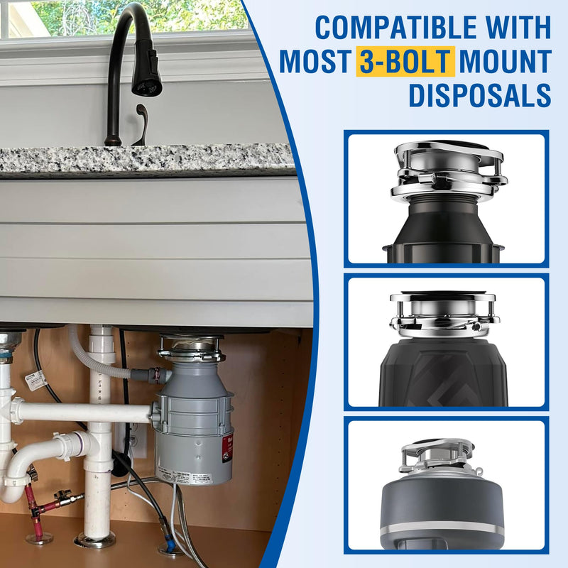 Saillong Garbage Disposal Flange 3 Bolt Mount Stainless Steel Kitchen Sink Flange Kit with Stopper for 3 1/2 Inch Standard Sink Drain Hole Compatible with InSinkErator Models Garbage Disposal (Silver) Silver